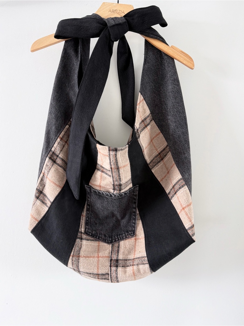 Handmade Denim Plaid Patchwork Hobo Bag Oversized Bow Tie Shoulder Tote - Picture 2 of 8
